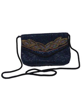 VTG Beaded Evening Clutch Leaf Design Long Strap Blue Gold Black Handmade. #I-5